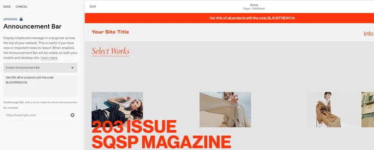 Editing an announcement bar in Squarespace's website editor