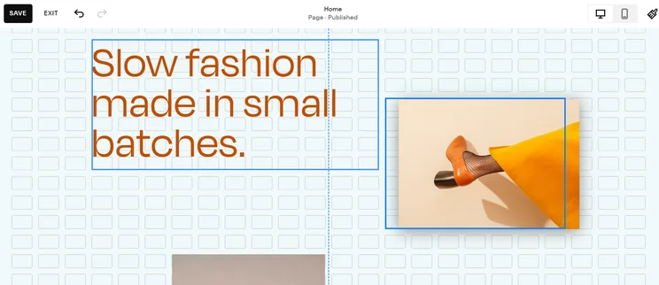 Squarespace drag-and-drop editor with grid framework and text box