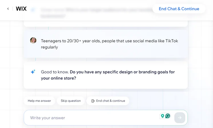 Wix AI chatbot interface asking questions to generate a website