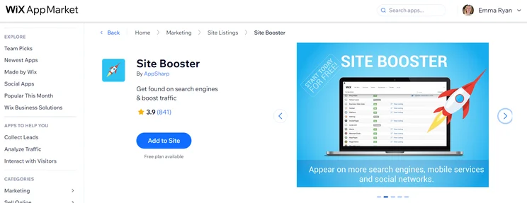 Wix App Market Site Booster product page displaying SEO benefits