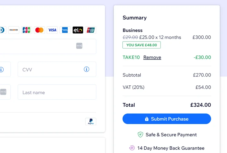 Wix checkout page for its Business website builder plan, showing a discount code being applied