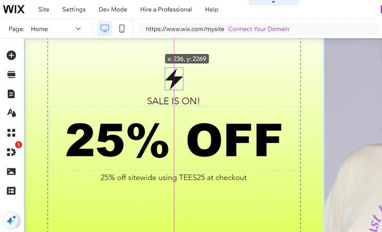 Wix editor showing drag and drop interface with sale announcement element