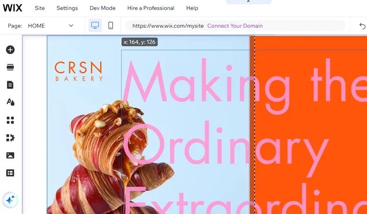 Wix drag-and-drop editor moving text box on bakery homepage