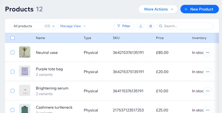 Wix product inventory, showing product name, type, SKU, price, and stock status