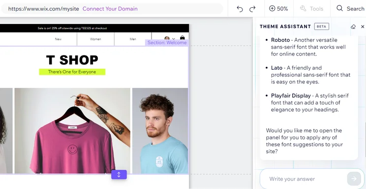 Wix theme assistant panel suggesting font options for website design
