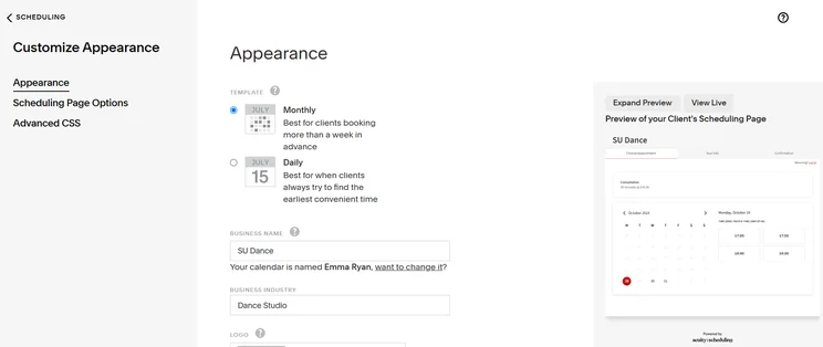Page to edit the appearance of your scheduling page in Acuity Scheduling