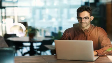 A man in a brown shirt with glasses and dark brown hair sitting at an office desk with his laptop.