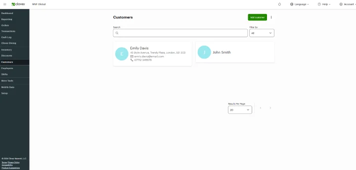 Screenshot of the Clover POS customers page 