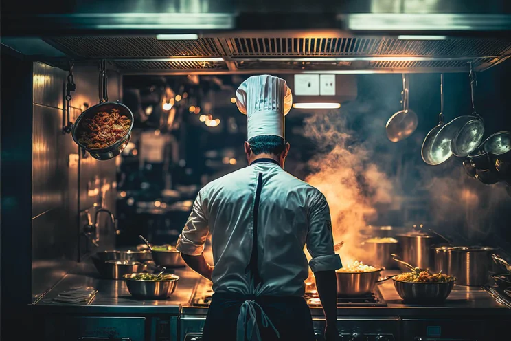 A man in a chef's uniform preparing food in a dark kitchen setting.