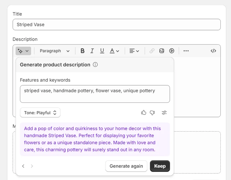 Shopify Magic generating a product description for my Shopify store