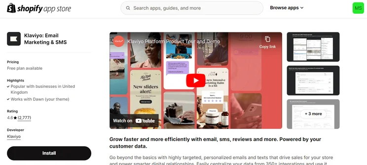 Klaviyo email marketing app in Shopify app store with install button
