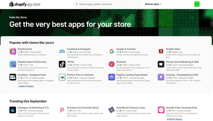 Shopify's app store homepage
