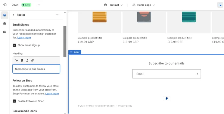 Shopify editor with colour palette options in sidebar