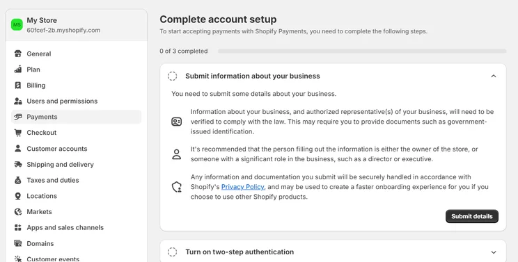 Account setup for Shopify Payments in Shopify's account settings