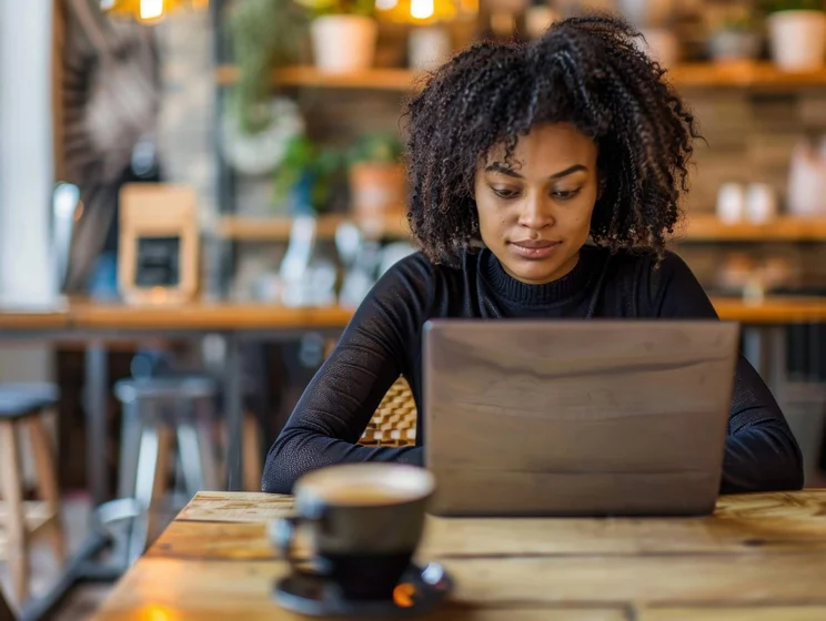A woman with a black sweater sitting at wooden cafe table with a brown laptop.