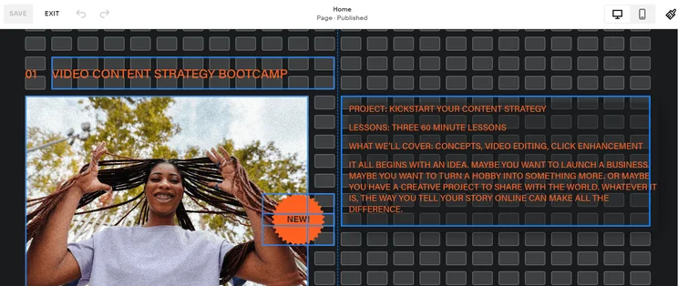 Squarespace drag-and-drop editor showing text box repositioning