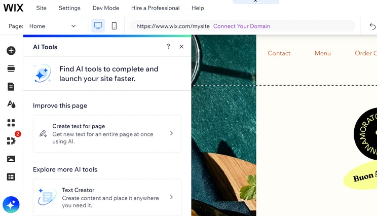 Wix AI tools panel offering content creation and site acceleration features