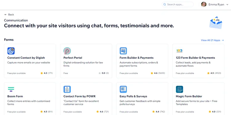 Page of communication apps in Wix's app market
