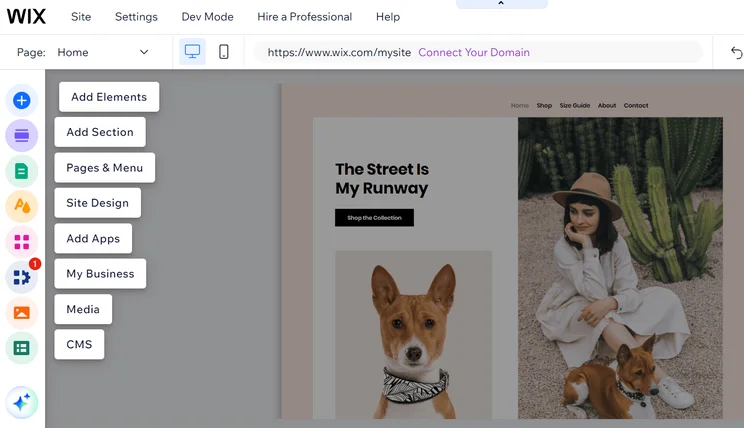 Wix's website editor tutorial, showing what each of the sidebar buttons mean