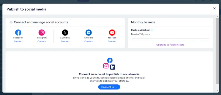 Pop up box in Wix to connect your site with different social media accounts and publish content