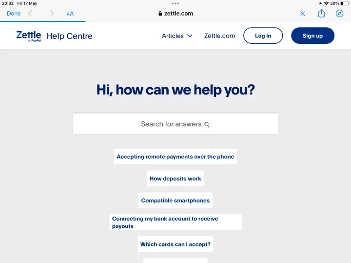 Screenshot of the Zettle help and support page