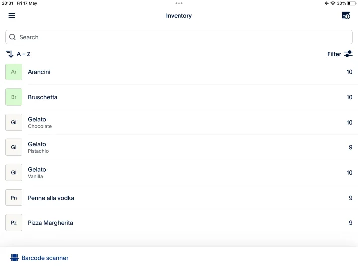 Screenshot of the inventory page of Zettle's POS