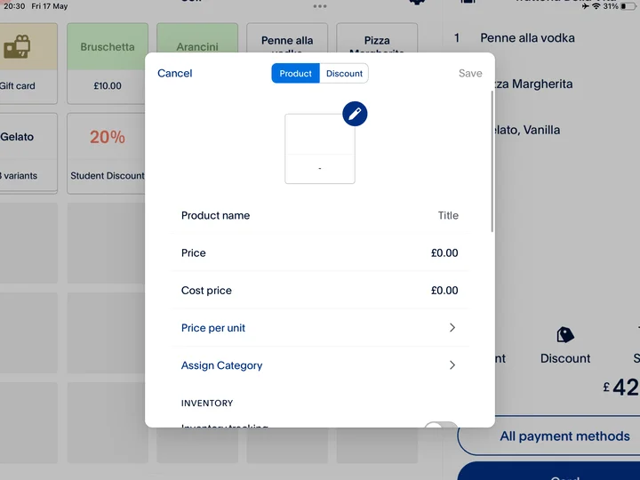 Screenshot of how you add products in Zettle POS