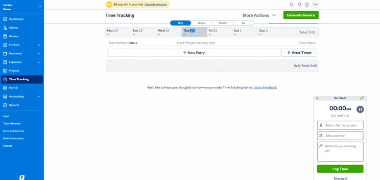 FreshBooks Time Tracking interface with calendar view and timer functionality.