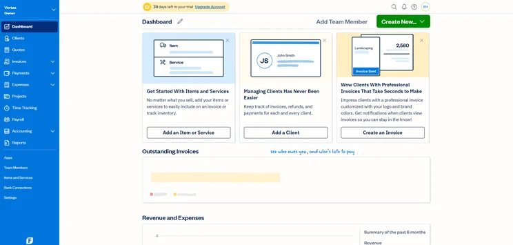 FreshBooks dashboard showing client management, invoicing, and revenue tracking features.