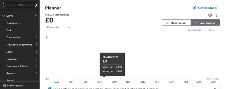 QuickBooks cash flow planner displaying monthly money in and out trends.