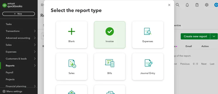 QuickBooks custom reporting interface showing report type selection options.