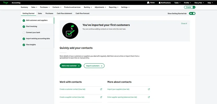 Sage Accounting "getting started" dashboard with onboarding tasks.
