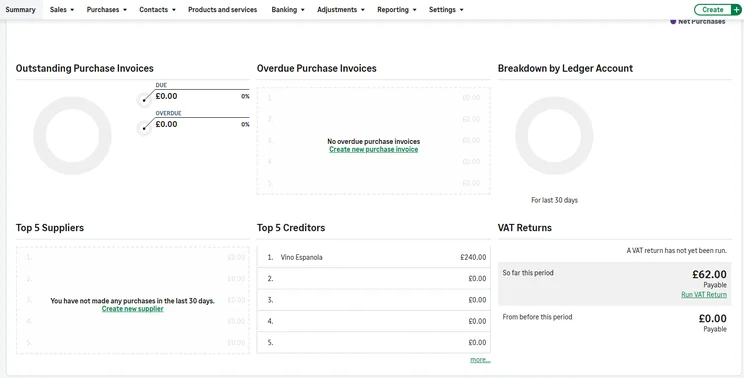 Sage Accounting purchases summary with outstanding invoices and supplier data.