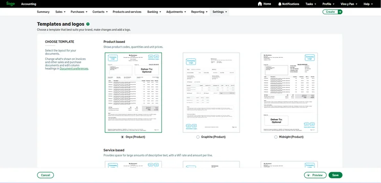 Screenshot of the templates and logos section of Sage 