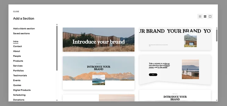 Squarespace template gallery displaying various website design options