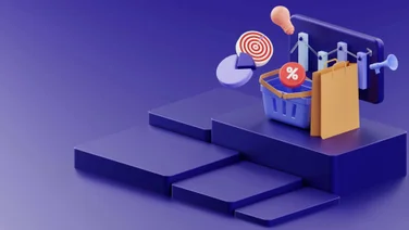 A graphic showing ecommerce related icons like a shopping basket, pie chart and a bullseye