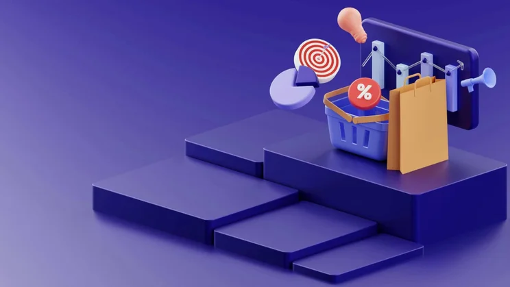A graphic showing ecommerce related icons like a shopping basket, pie chart and a bullseye