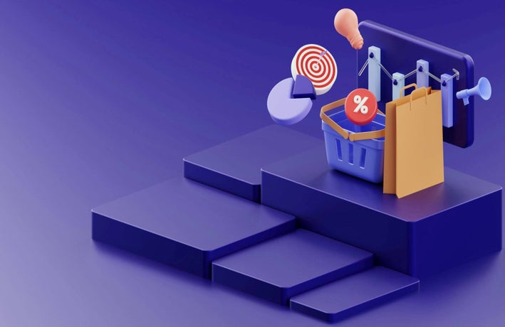 A graphic showing ecommerce related icons like a shopping basket, pie chart and a bullseye