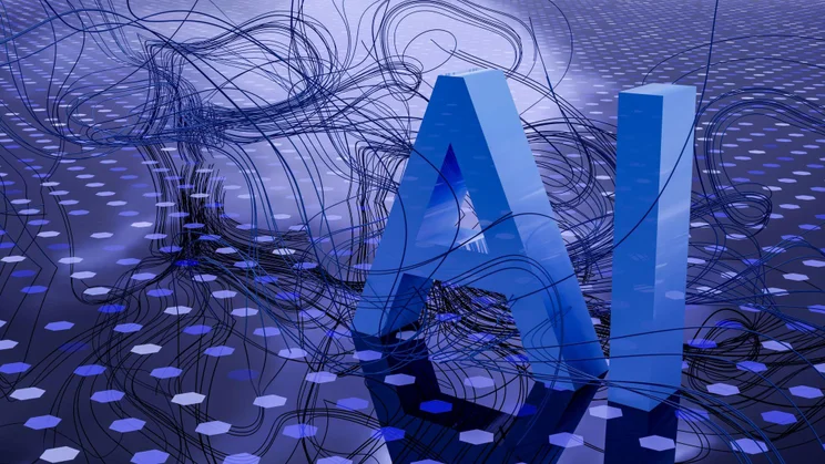 A graphic displays the letters AI against a spotted blue backdrop.