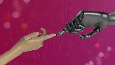 A computer generated human hand touches the finger tip of a robotic hand.