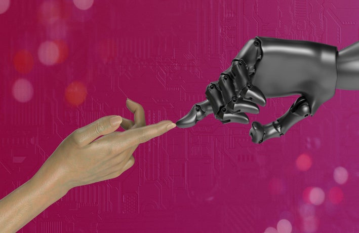 A computer generated human hand touches the finger tip of a robotic hand.