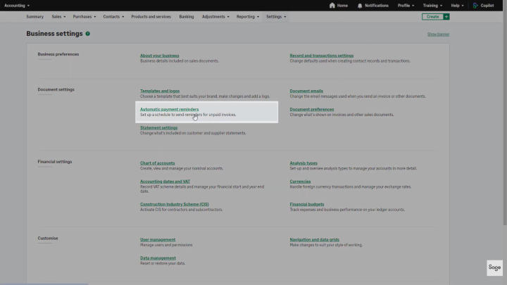 A screenshot of Sage accounting software showing where to select automated payment reminders.