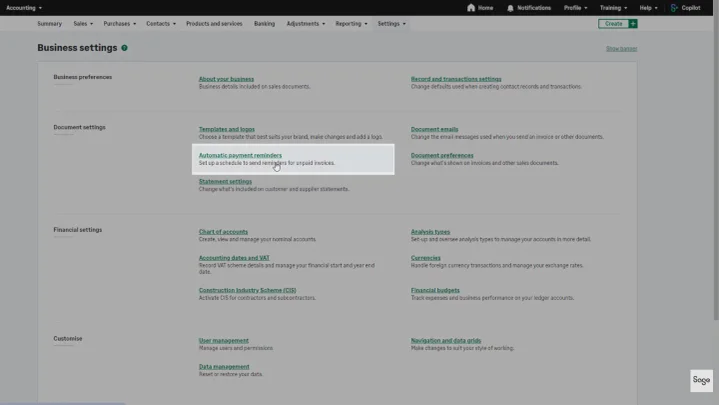 A screenshot of Sage accounting software showing where to select automated payment reminders.