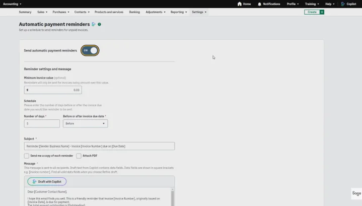 A screenshot of Sage accounting software showing where to change automated payment reminder settings.