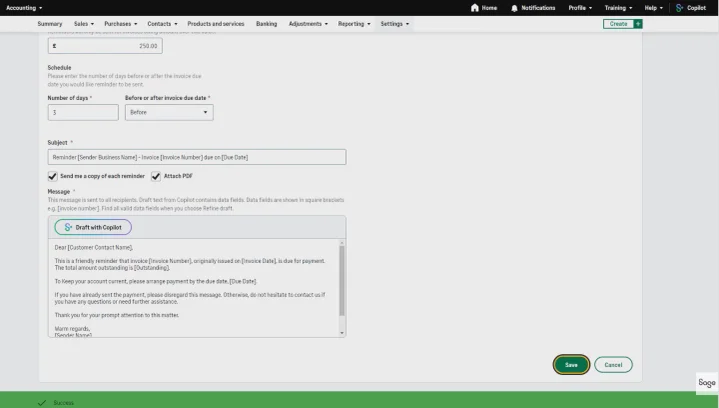 A screenshot of Sage accounting software showing where to save automated payment reminder settings.