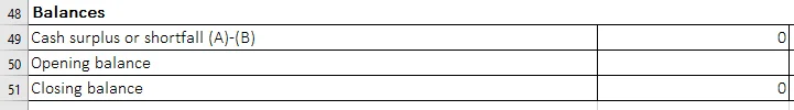 Cash flow forecast template balances section calculating cash surplus, opening and closing balance.