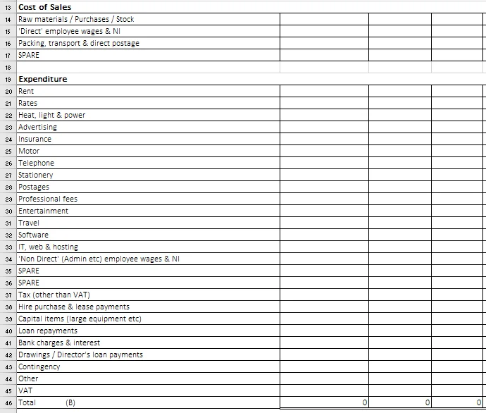 Cash flow forecast template expenses section detailing cost of sales and expenditure categories.