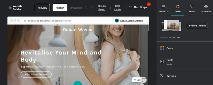 GoDaddy website builder interface showing theme customisation options