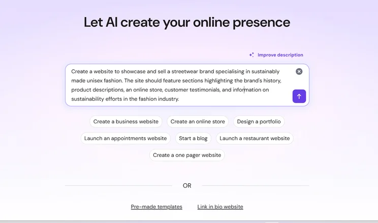 Hostinger AI website builder with blank canvas template