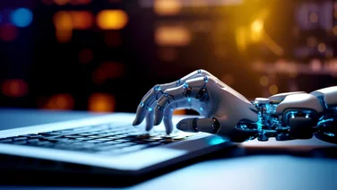 A robotic arm hovers over a keyboard.